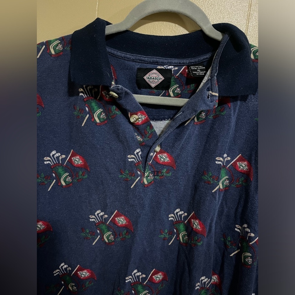 Vintage 90s Tabasco Golf Clubs Polo Navy Blue Shirt Size XL - Picture 2 of 2